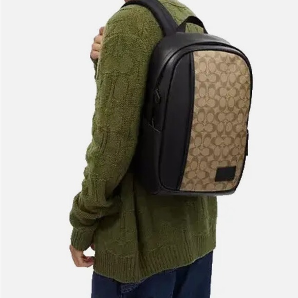 NWT  Coach Men's Khaki/Black Signature Canvas & Leather Edge Backpack- CM024 - Picture 1 of 7